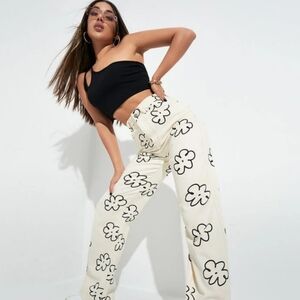 Shein Bloom Pattern Jeans, White|Black, Baggy Fit, XS